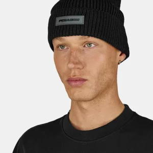 Logo Rubber Beanie Heavy Knit Black Black