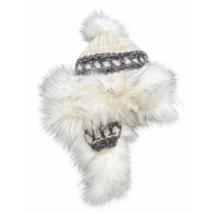 Handgestrickte Schurwollmütze mit Kunstfell und Bommel - Samara Hat